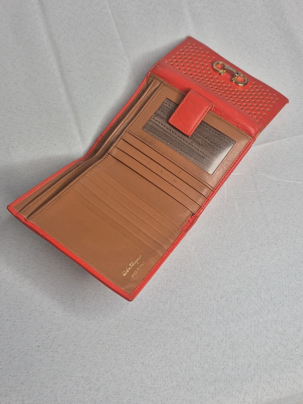 Salvatore Ferragamo Burnt Orange Perforated Leather Card Wallet with Gancio